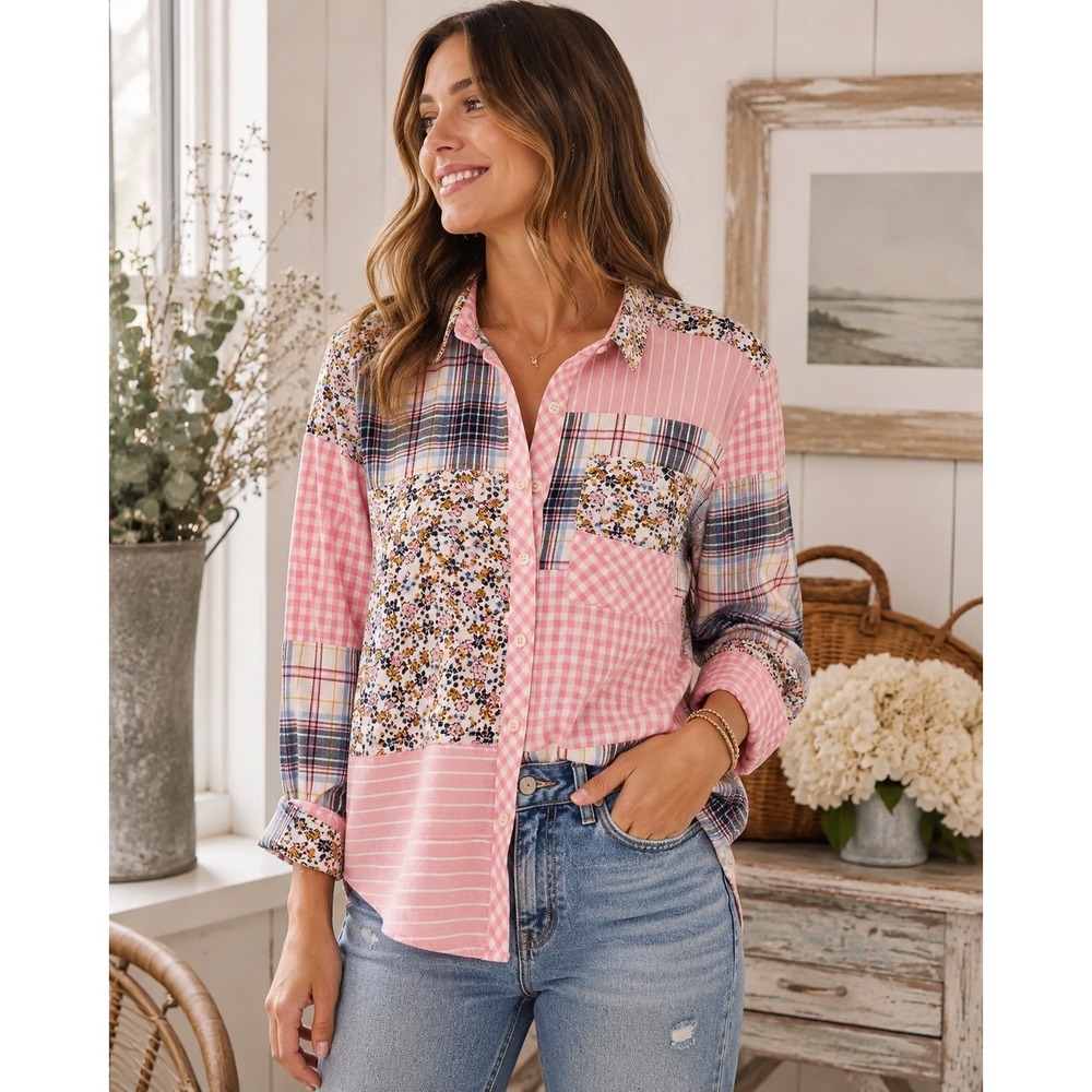 Patchwork Floral Plaid Gingham Button Shirt Boho Cottagecore Artsy Festival Sz M